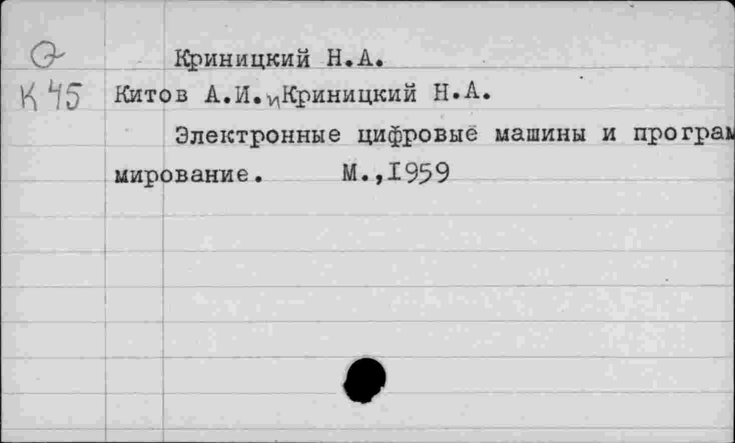 ﻿О' 1финицкий Н.А.
5'5 Китов А.И.^Кривицкий Н.А.
Электронные цифровые машины и програк мирование. М.,1959